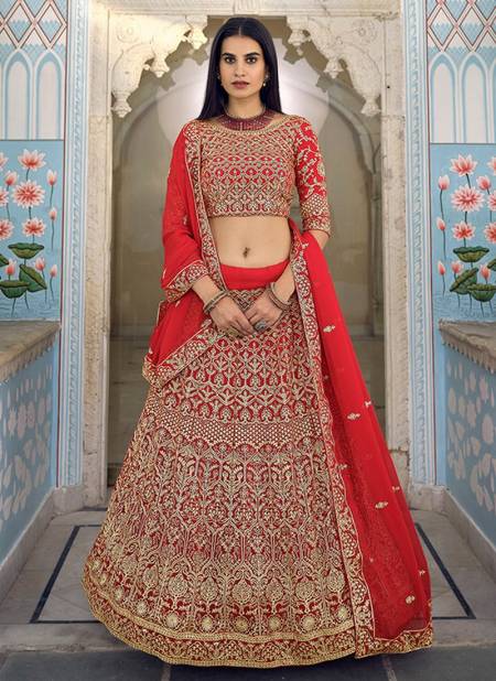 Red Colour New Latest Wedding Wear Heavy Thread Foil Mirror Work Latest Lehenga Choli Collection 8802